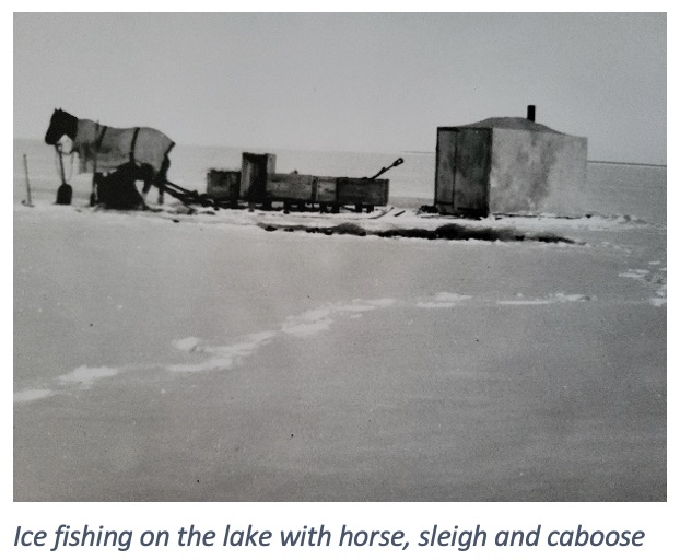 Ice fishing on a frozen lake with a horse and sleigh